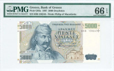 GREECE: 5000 Drachmas (1.6.1997) in dark blue on multicolor unpt with Theodoros Kolokotronis at left. S/N: "03B 138243". WMK: Philip the second and la...