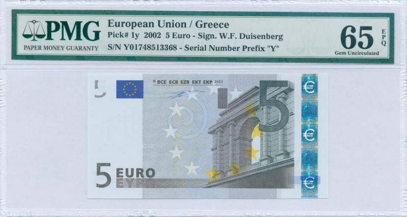 GREECE: 5 Euro (2002) in gray and multicolor with gate in classical architecture...