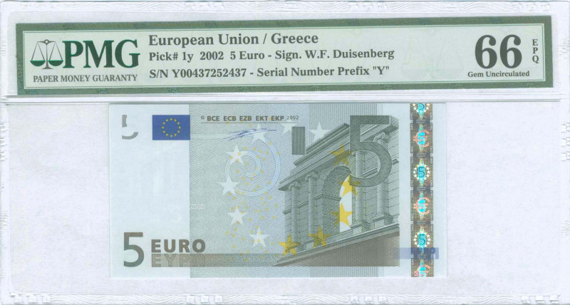 GREECE: 5 Euro (2002) in gray and multicolor with gate in classical architecture...