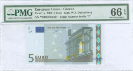 GREECE: 5 Euro (2002) in gray and multicolor with gate in classical architecture at right. S/N: "Y00437252437". Printing press and plate "P005H2". Sig...