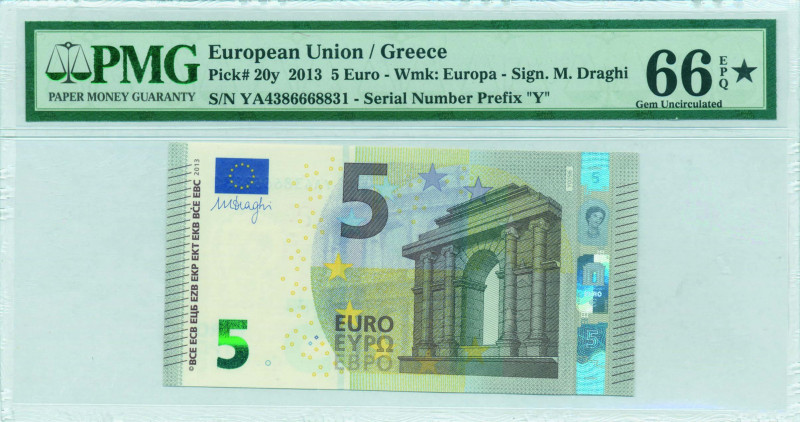 GREECE: 5 Euro (2013) in gray and multicolor with gate in classical architecture...