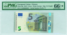 GREECE: 5 Euro (2013) in gray and multicolor with gate in classical architecture at right. S/N: "YA4386668831". Printing press and plate "Y005I6". Sig...