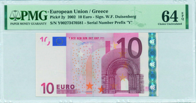 GREECE: 10 Euro (2002) in red and multicolor with gate in romanesque period. S/N...