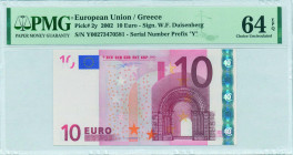 GREECE: 10 Euro (2002) in red and multicolor with gate in romanesque period. S/N: "Y00273470581". Printing press and plate "N001G5". Signature by Will...