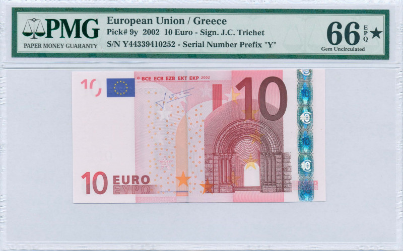 GREECE: 10 Euro (2002) in red and multicolor with gate in romanesque period. S/N...