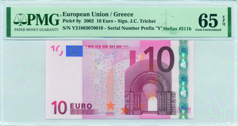 GREECE: 10 Euro (2002) in red and multicolor with gate in romanesque period. S/N...