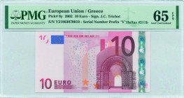GREECE: 10 Euro (2002) in red and multicolor with gate in romanesque period. S/N: "Y21863070019". Printing press and plate "N034D6". Signature by Tric...