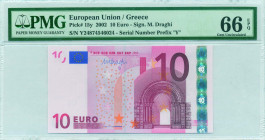 GREECE: 10 Euro (2002) in red and multicolor with gate in romanesque period. S/N: "Y24874546024". Printing press and plate "N037G6". Signature by Drag...