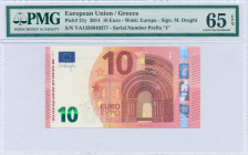 GREECE: 10 Euro (2014) in red and multicolor with gate in romanesque period. S/N: "YA1338949277". Printing press and plate "Y002A2". Signature by Drag...