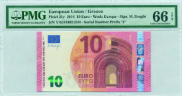 GREECE: 10 Euro (2014) in red and multicolor with gate in romanesque period. S/N: "YA5710021244". Printing press and plate "Y008F2". Signature by Drag...