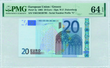 GREECE: 20 Euro (2002) in blue and multicolor with gate in gothic architecture. S/N: "Y00150339799". Printing press and plate "N001C4". Signature by D...