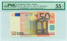 GREECE: 50 Euro (2002) in orange and multicolor with gate in renaissance architecture. S/N: "Y00019055665". Printing press and plate "G014D5". Signatu...