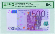 GREECE: 500 Euro (2002) in purple and multicolor with gate in modern architecture. S/N: "Y00001573984". Printing press and plate "R005D3". Signature b...