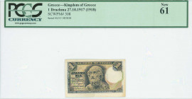 GREECE: 1 Drachma (ND 1918) in black on light green and pink unpt with Homer at center. S/N: "Γ/15 083838". WMK: Crown. Printed by BWC. Inside holder ...