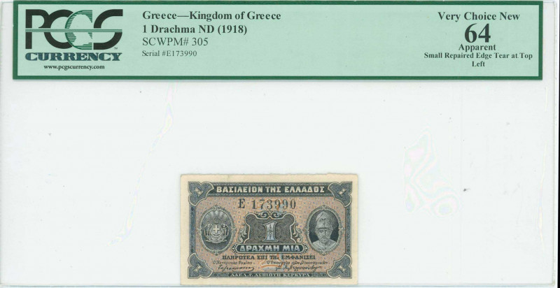 GREECE: 1 Drachma (ND 1918) in gray on light brown unpt with Pericles at right a...