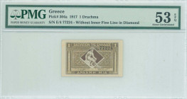 GREECE: 1 Drachma (ND 1922) in dark brown and brown with Hermes seated at center. Without inner line in rhombus. S/N: "E/4 77224". Printed by Aspiotis...
