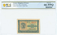 GREECE: 10 Drachmas (6.4.1940) in blue on light green and light brown unpt with ancient coin with Goddess Demeter at left. S/N: "B12 413390". WMK: Cel...