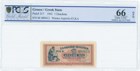 GREECE: 1 Drachma (18.6.1941) in red and blue on gray unpt with seated Aristippos from Kyrini at left. S/N: "M 489612". Printed by Aspiotis-ELKA. Insi...