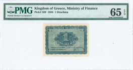GREECE: 1 Drachma (9.11.1944) in blue on blue-green unpt with value at center. Printed in Athens. Inside holder by PMG "Gem Uncirculated 65 EPQ". (Hel...