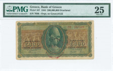 GREECE: 200 million Drachmas (19.7.1943) with black ovpt and red German stamping on back of 5000 Drachmas (Hellas #147a) with prefix S/N, provisional ...