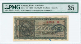 GREECE: 100 million Drachmas (19.9.1944) with red ovpt on back of 5 million Drachmas (Hellas #153) banknote, provisional treasury note issued by Bank ...