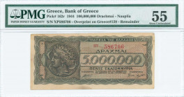 GREECE: Remainder of 100 million Drachmas (19.9.1944) with red ovpt on back of 5 million Drachmas (Hellas #153) banknote, provisional treasury note is...
