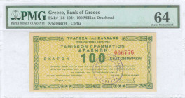 GREECE: 100 million Drachmas (17.10.1944) Corfu treasury note in green on yellow unpt, issued by Bank of Greece, Corfu branch. S/N: "066776". Frame ty...