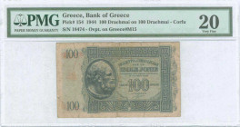 GREECE: 100 Drachmas (18.12.1944) in blue on light blue unpt with red ovpt (on Hellas #I.14) on back of 100 Drachmas. S/N: "48474". After liberation, ...
