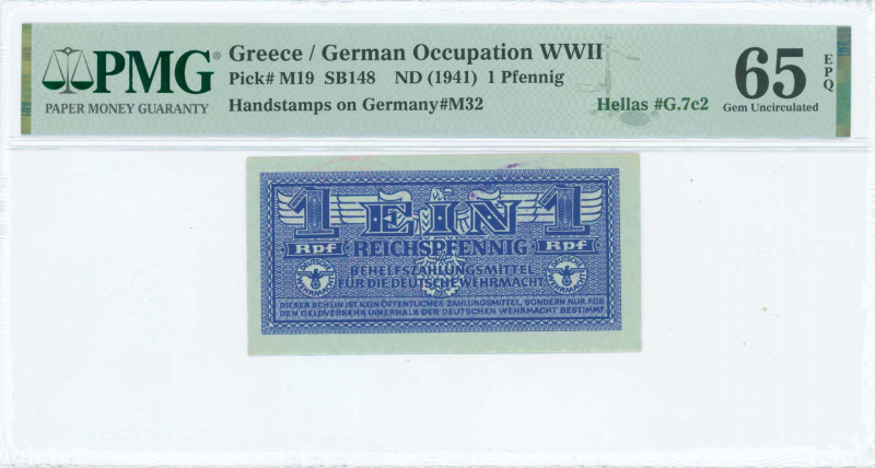 GREECE: 1 Reichpfennig (ND 1944) in dark blue with eagle with small swastika in ...