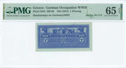 GREECE: 1 Reichpfennig (ND 1944) in dark blue with eagle with small swastika in unpt at center. Wermacht notes of German armed forces handstamped in T...