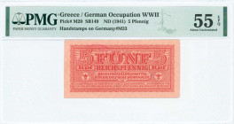 GREECE: 5 Reichpfennig (ND 1944) in dark red with eagle with small swastika in unpt at center. Wermacht notes of German armed forces handstamped in Th...