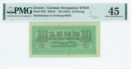 GREECE: 10 Reichpfennig (ND 1944) in light green with eagle with small swastika in unpt at center. Wermacht notes of German armed forces handstamped i...