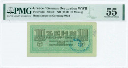 GREECE: 10 Reichpfennig (ND 1944) in light green with eagle with small swastika in unpt at center. Wermacht notes of German armed forces handstamped i...