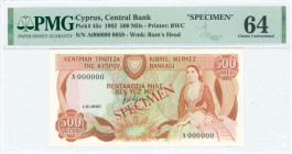 GREECE: Specimen of 500 Mils (1.6.1982) in light brown on green and multicolor unpt with woman seated at right and Arms at top left center. S/N: "A000...