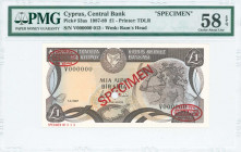 GREECE: Specimen of 1 Pound (1.4.1987) in dark brown and multicolor with mosaic of nymph Acme at right and Arms at left center. S/N: "V 000000". Red d...