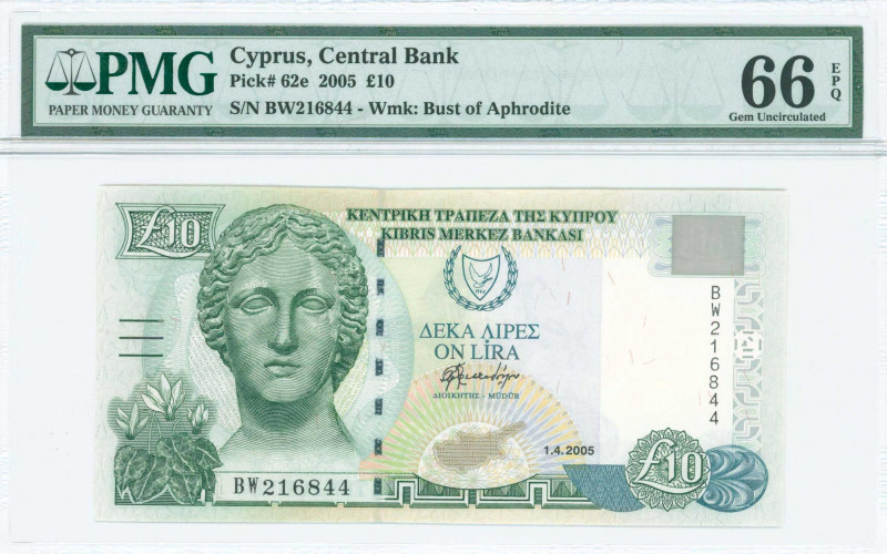 GREECE: 10 Pounds (1.4.2005) in olive-green and blue-green on multicolor unpt wi...