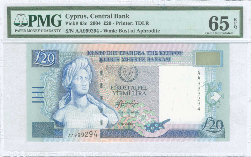 GREECE: 20 Pounds (1.4.2004) in deep blue on multicolor unpt with Bust of Aphrod...