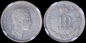 AUSTRIA: 10 Kreuzer (1858 A) in silver (0,500) with laureate head of Franz Joseph I facing right. Crowned denomination above date and spray on reverse...