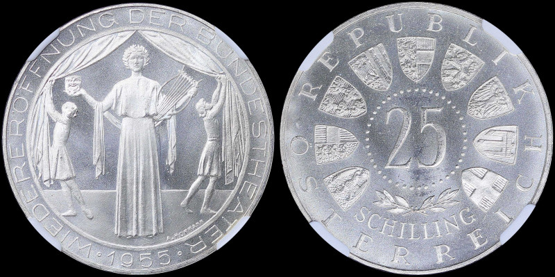 AUSTRIA: 25 Schilling (1955) in silver (0,800) commemorating the reopening of th...