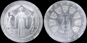 AUSTRIA: 25 Schilling (1955) in silver (0,800) commemorating the reopening of the National Theater in Vienna with value within beaded circle surroundi...