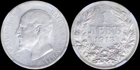 BULGARIA: 1 Lev (1913) in silver (0,835) with head of Ferdinand I facing left. DEnomination above date within wreath on reverse. Inside slab by NGC "A...