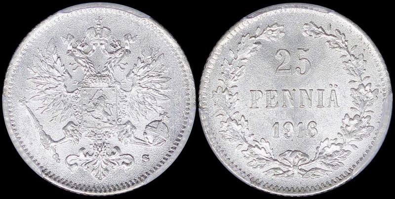 FINLAND: 25 Pennia (1916 S) in silver (0,750) with crowned imperial double-heade...