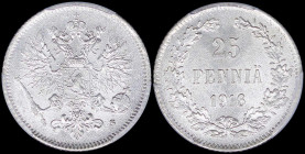 FINLAND: 25 Pennia (1916 S) in silver (0,750) with crowned imperial double-headed eagle with scepter and orb. Denomination and date within wreath on r...