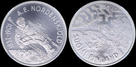 FINLAND: 10 Euro (2007) in silver (0,925) commemorating AE Nordenskoild and the Northeast Passage. Sailor at ships wheel during foul weather on revers...