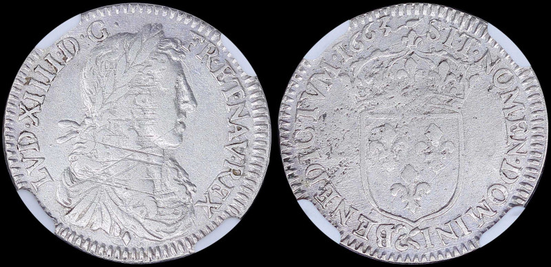 FRANCE: 1/12 Ecu (1663 &) (=10 Sols) in silver (0,917) with bust of Louis XIV fa...