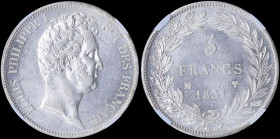 FRANCE: 5 Francs (1831 MA) in silver with laureate head of Philippe I facing right. Denomination and mintmarks within wreath on reverse. Mint: Marseil...