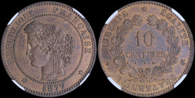 FRANCE: 10 Centimes (1877 K) in bronze with laureate head of Liberty facing left. Denomination within wreath on reverse. Mint: Bordeaux. Inside slab b...