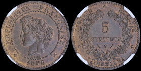 FRANCE: 5 Centimes (1888 A) in bronze with laureate head of Liberty facing left. Denomination within wreath on reverse. Inside slab by NGC "MS 64 BN"....