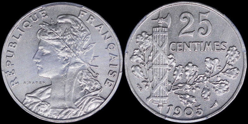 FRANCE: 25 Centimes (1905) in nickel with laureate bust of Liberty facing left. ...