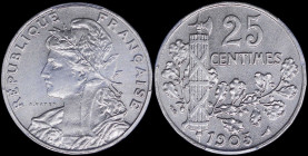 FRANCE: 25 Centimes (1905) in nickel with laureate bust of Liberty facing left. Oak leaves divide date and denomination, column with axe head on top a...